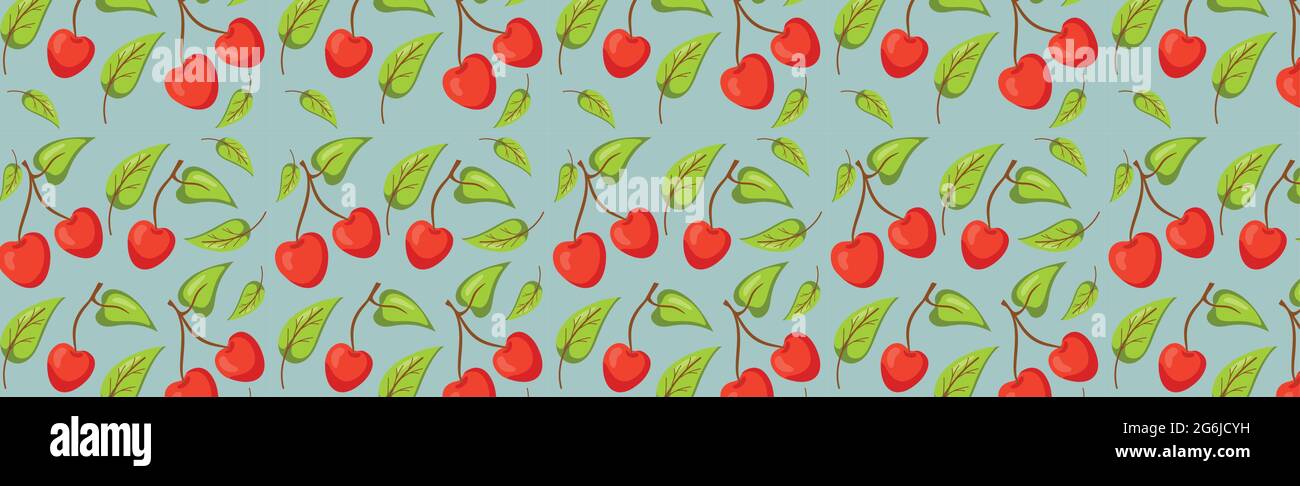 Seamless pattern, realistic red cherry with green leaves - Vector illustration Stock Vector