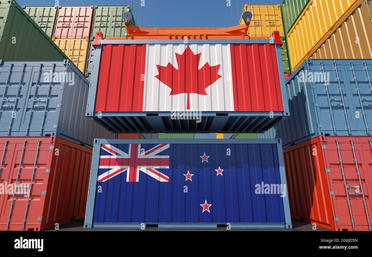 Container Terminal. Two cargo Container with Canada and New Zealand