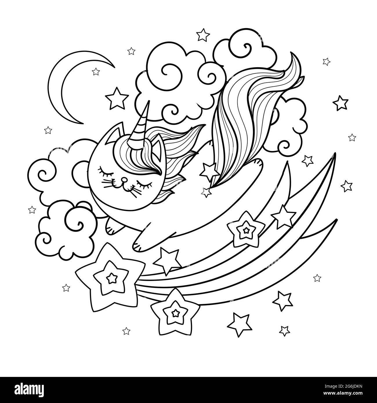 A cute unicorn cat is flying across the sky. Black and white linear image. Flat vector illustration. Stock Vector
