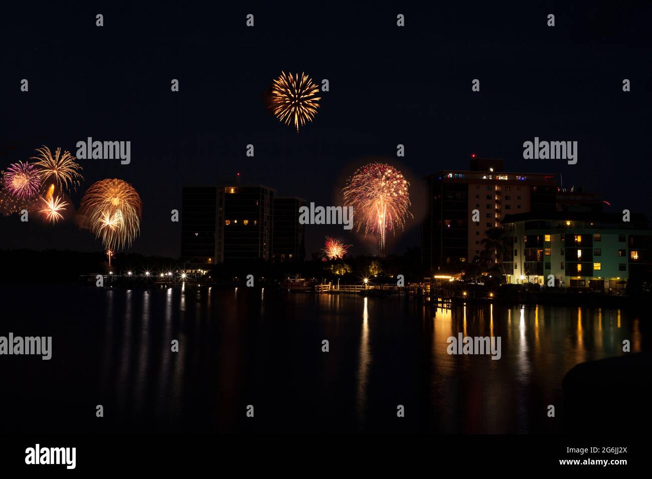 Fireworks over skyline over Hickory Pass leading to the ocean in Bonita