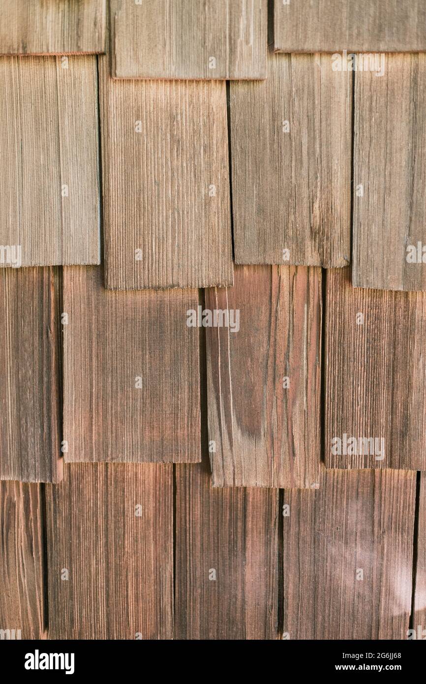 Close-up of Wall of Weathered Wood Shingles of Log Cabin Stock Photo