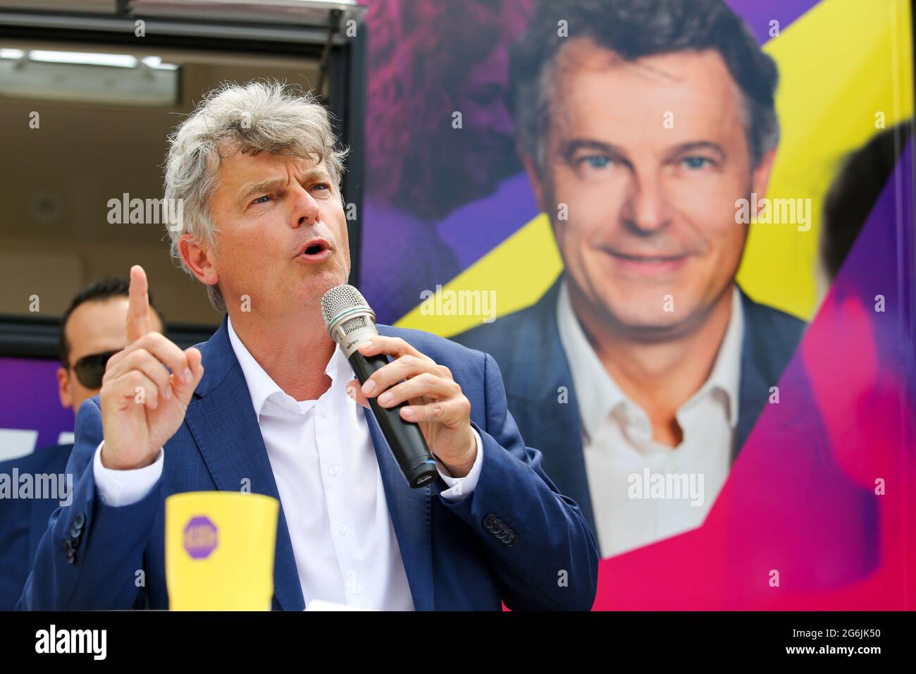 Marseille, France. 06th July, 2021. Fabien Roussel, national secretary of the French Communist Party speaks during the launch of his campaign for the presidential election. More than 4000 km and 43 cities: Presidential candidate, Fabien Roussel, launched his campaign from Marseille his summer caravan called 'Happy Days' to disseminate his proposals for the elections in 2022. A field campaign which will end in the north of the country. Credit: SOPA Images Limited/Alamy Live News Stock Photo