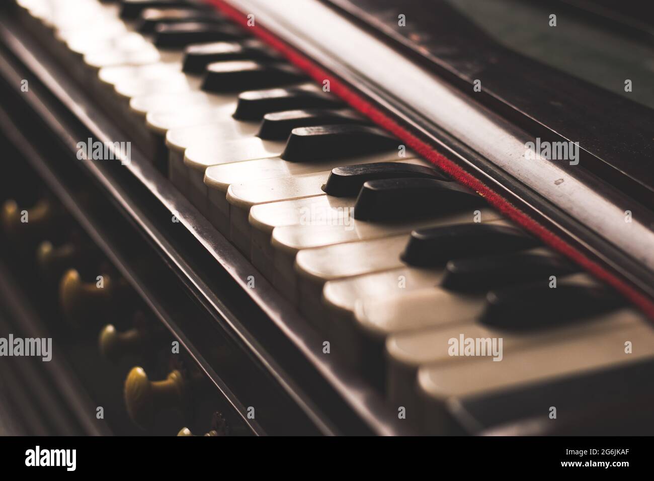 Harmonium keys with vintage looks  stock image, selective focus. Stock Photo