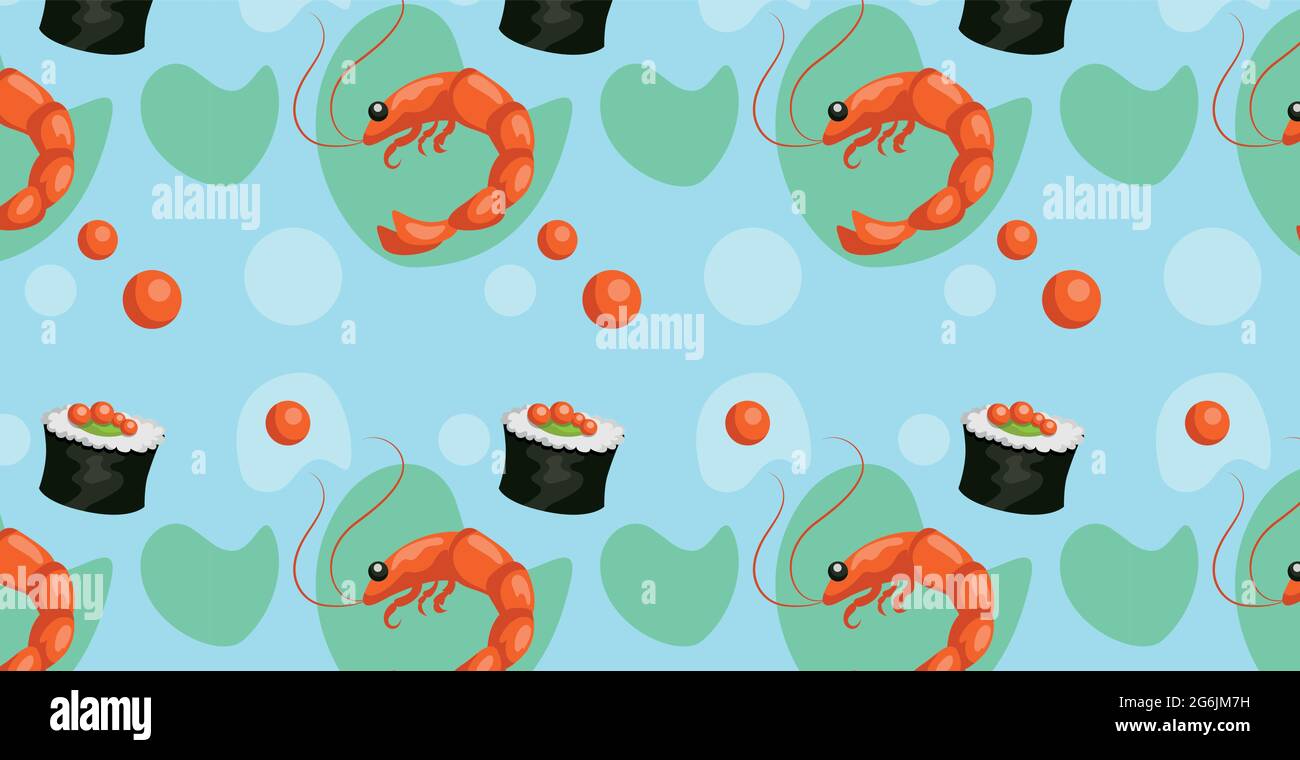 Seamless pattern, various seafood, caviar, shrimps, rolls - Vector illustration Stock Vector