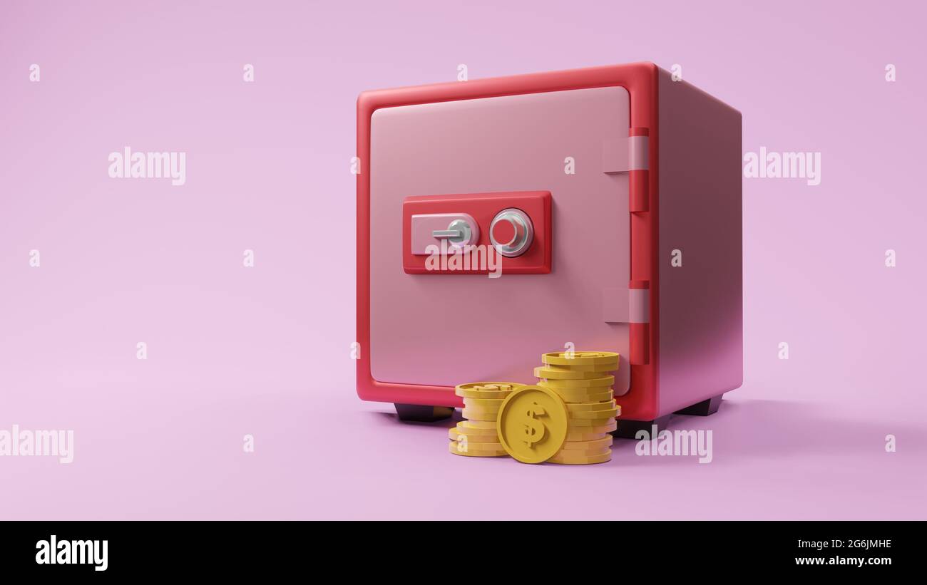 Safe box font view with coin 3d rendering . Stock Photo