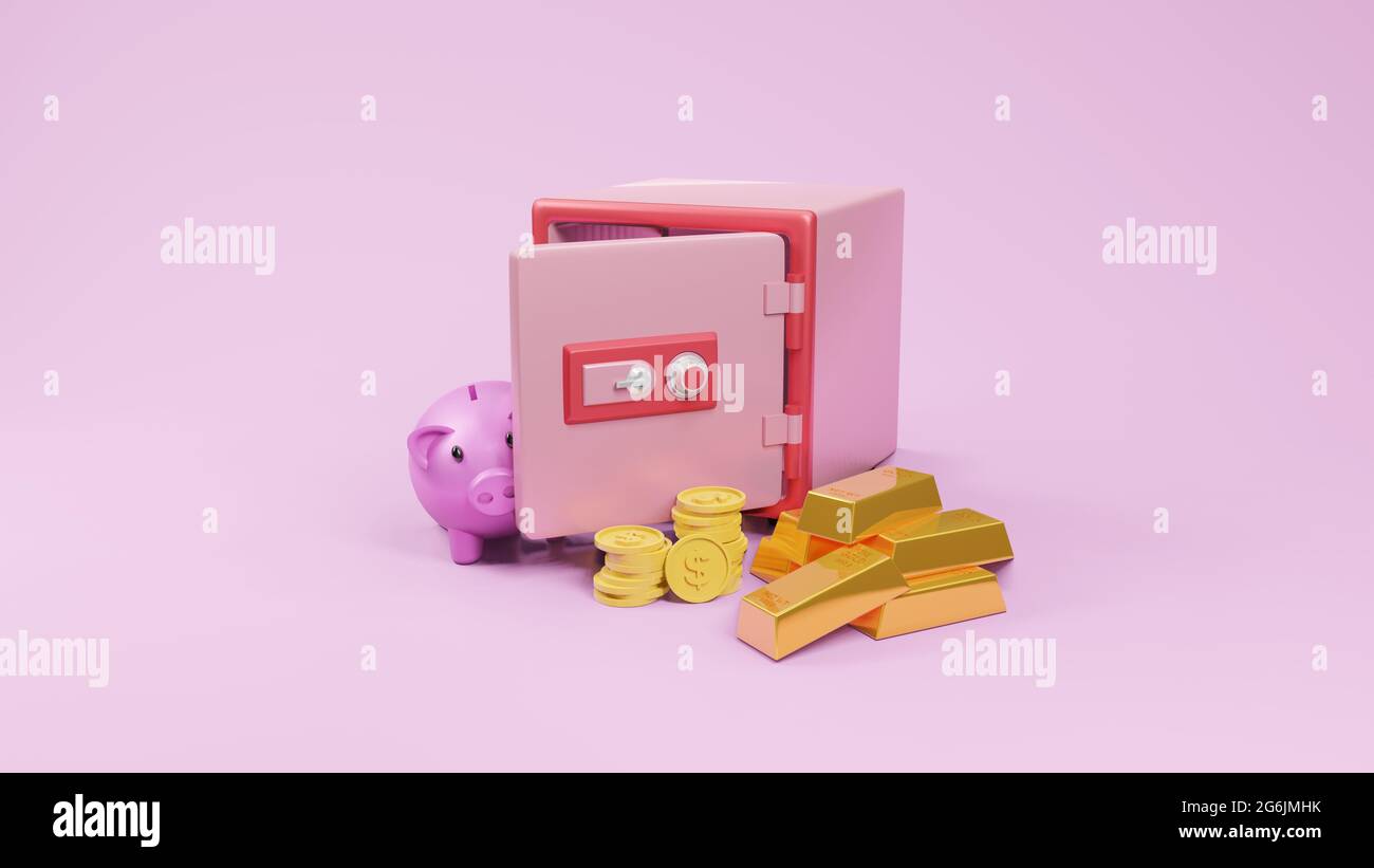 Safe box font view with coin and piggy bank pink 3d rendering. Stock Photo