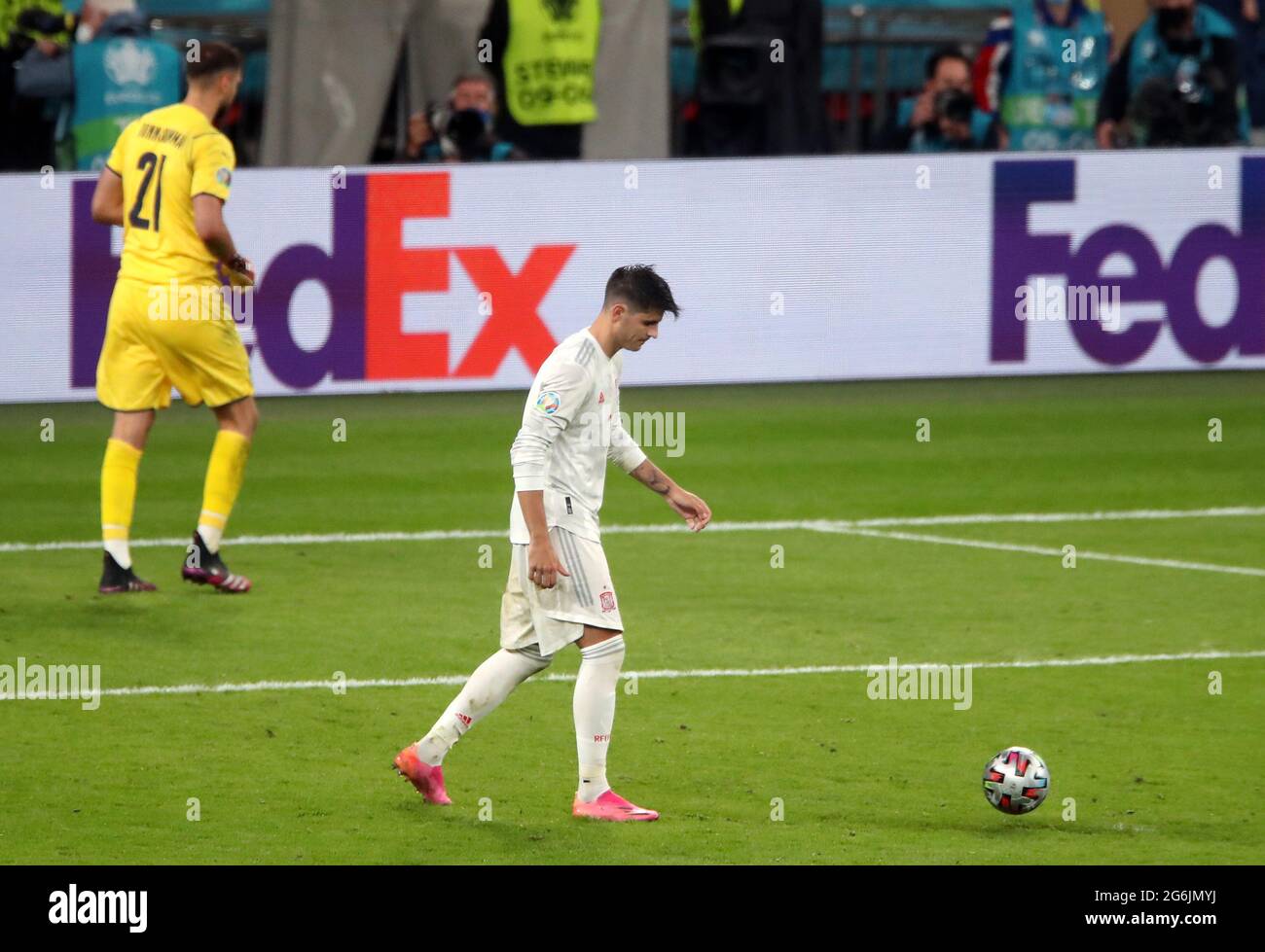 Spain's Alvaro Morata react s after missing his penalty during the UEFA Euro 2020 semi final match at Wembley Stadium, London. Picture date: Tuesday July 6, 2021. Stock Photo