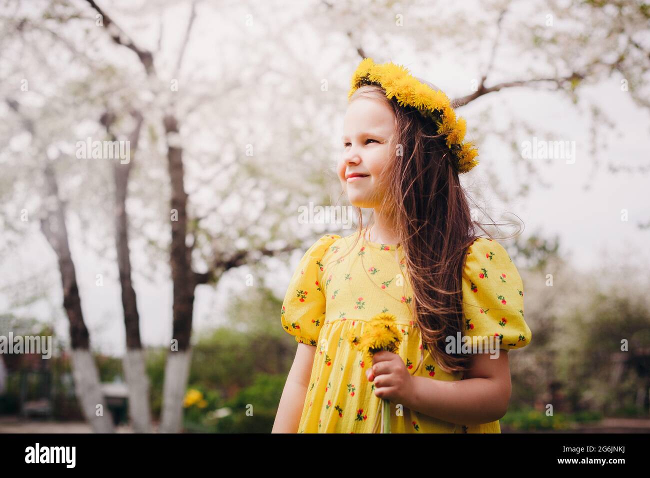 close-up portrait in profile of a smiling girl in a yellow dress and a wreath of yellow dandelions on her head with spring leafless trees on the Stock Photo