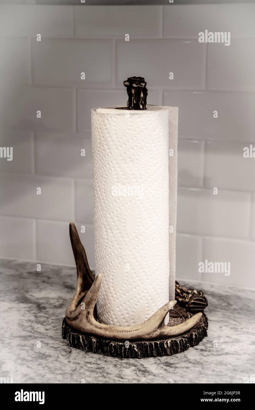 A paper towl roll on a dear horn holder sitting on a marble counter with white tiles behind Stock Photo