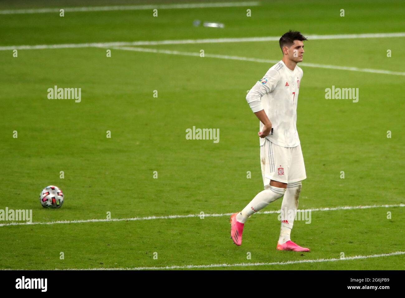 Spain's Alvaro Morata reacts after missing his penalty during the UEFA Euro 2020 semi final match at Wembley Stadium, London. Picture date: Tuesday July 6, 2021. Stock Photo