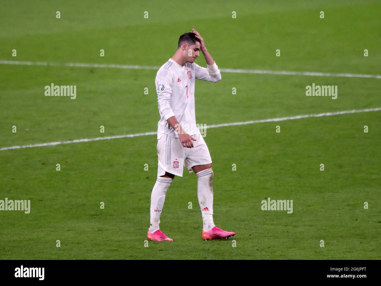 Spain's Alvaro Morata reacts after missing his penalty during the UEFA Euro 2020 semi final match at Wembley Stadium, London. Picture date: Tuesday July 6, 2021. Stock Photo