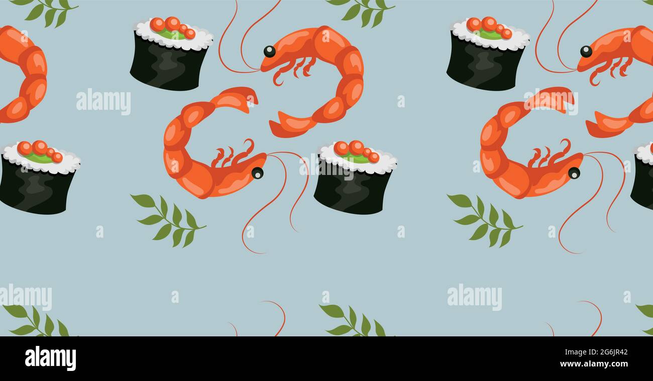 Seamless pattern, various seafood, caviar, shrimps, rolls - Vector illustration Stock Vector
