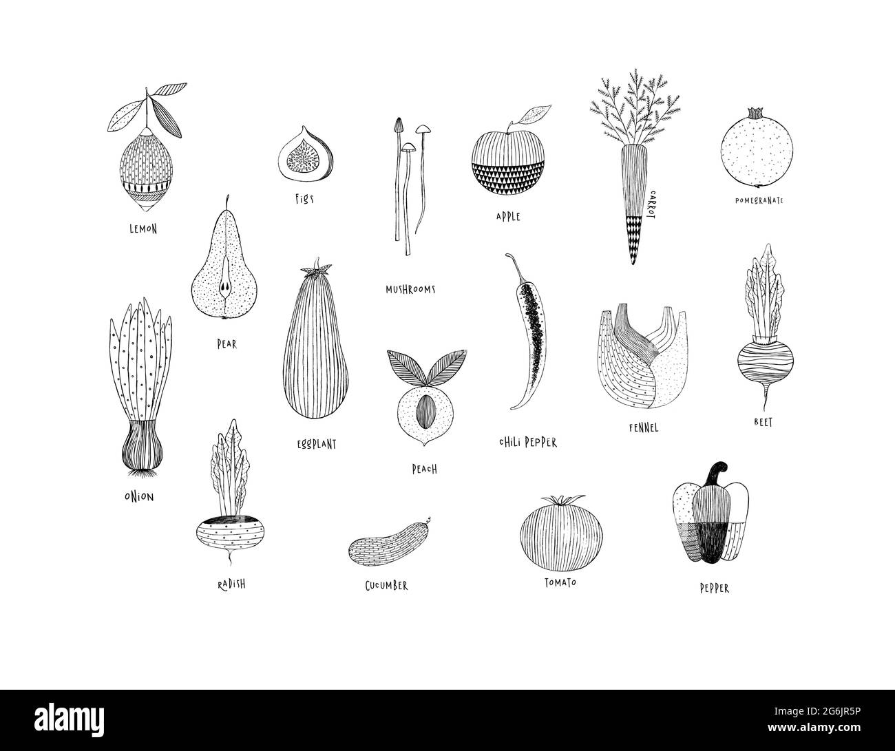 Fruits and vegetables in hand drawn ornament style lemon, pear, figs, mushrooms, apple, carrot, pomegranate, onion, eggplant, peach, chili pepper, fen Stock Vector