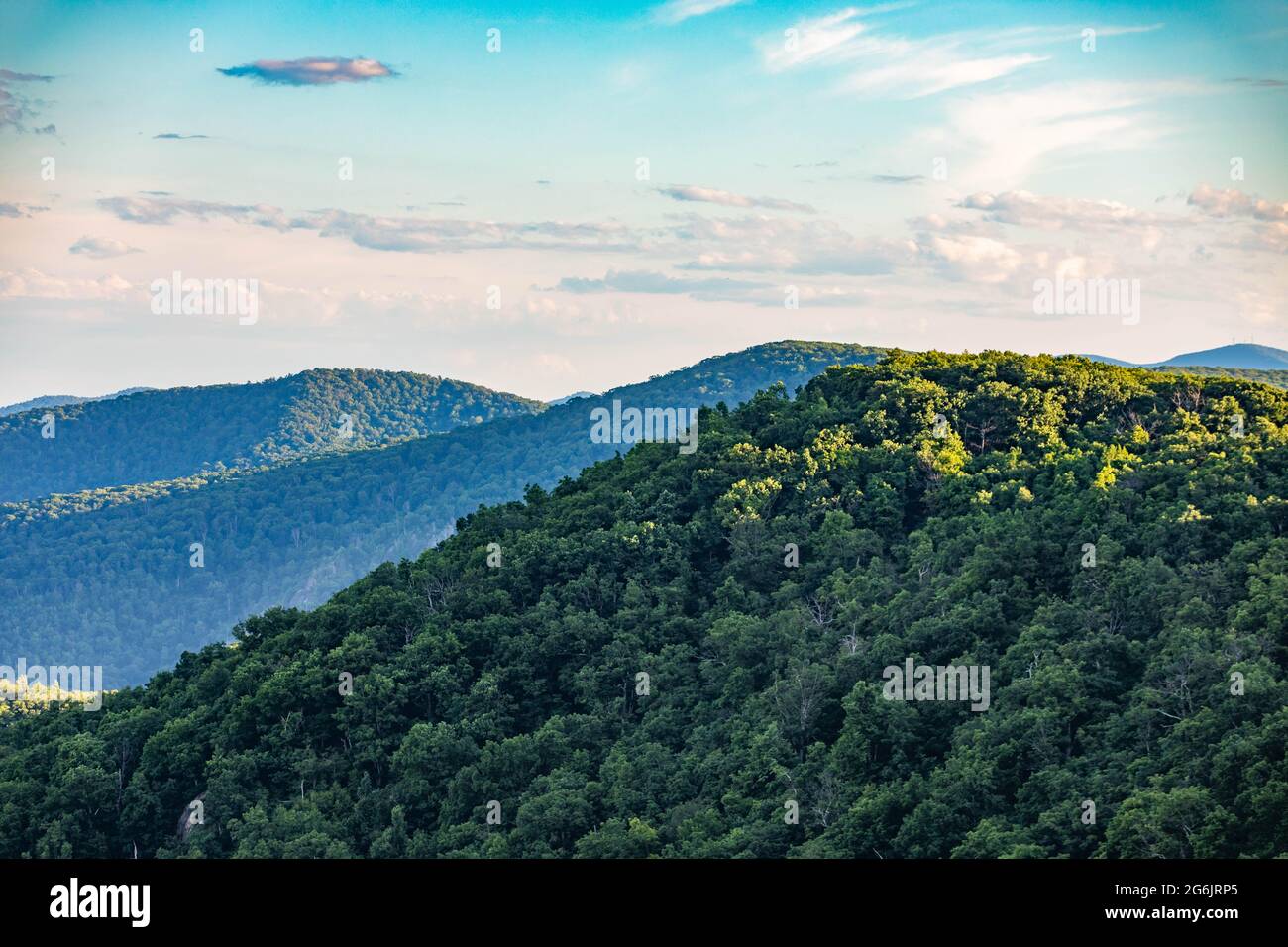Scenic overlook of Shenandoah blue ridge mountains and hills close up at sunset Stock Photo