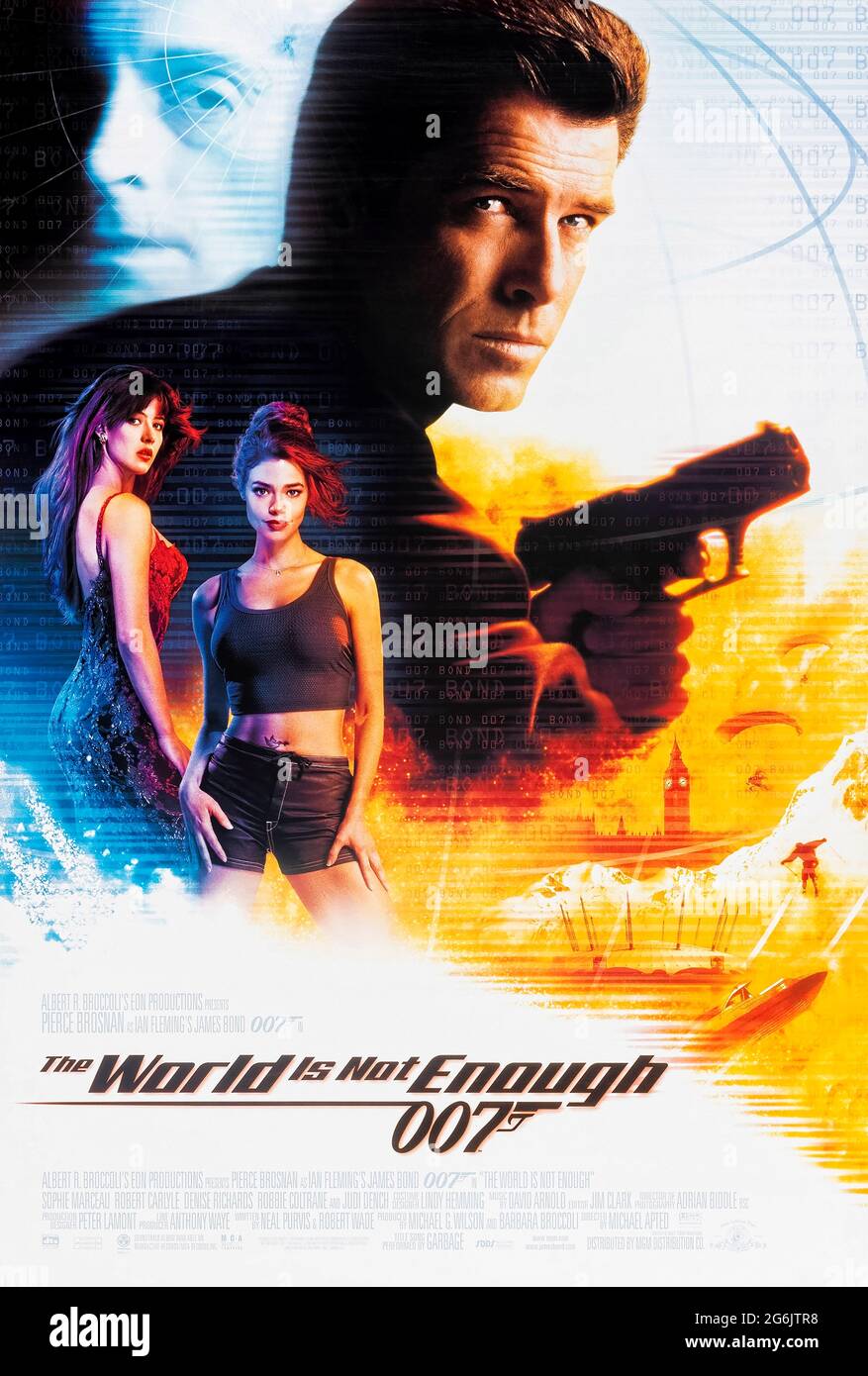 The World Is Not Enough (1999) directed by Michael Apted and starring Pierce Brosnan, Sophie Marceau, Robert Carlyle and Denise Richards. Bond uncovers a nuclear plot while protecting an oil heiress from an international terrorist who can't feel pain. Stock Photo
