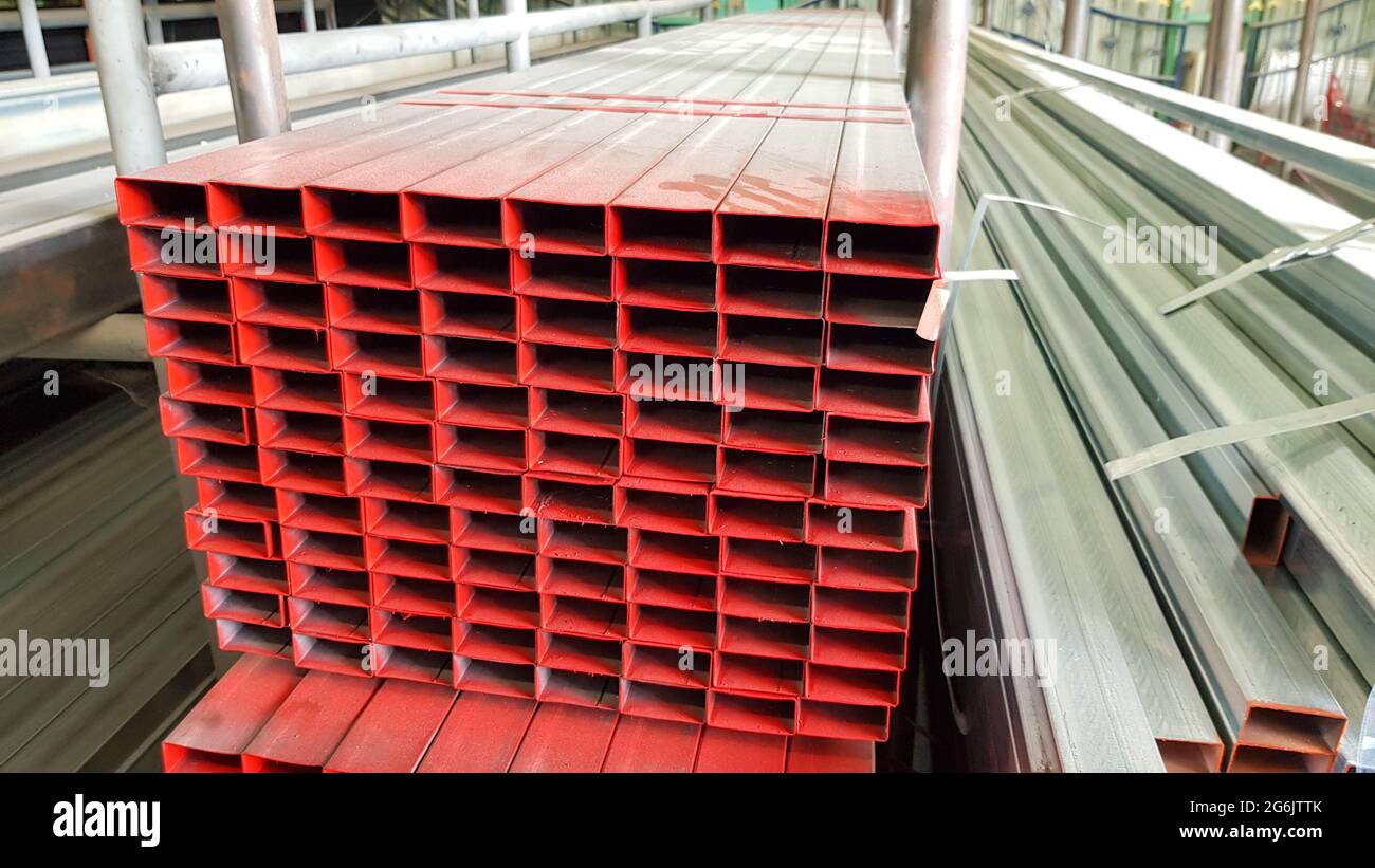 square metal pipe Carbon Steel Pipe Section Stainless steel bars are  stacked on top of each other in a metal product warehouse Stock Photo -  Alamy