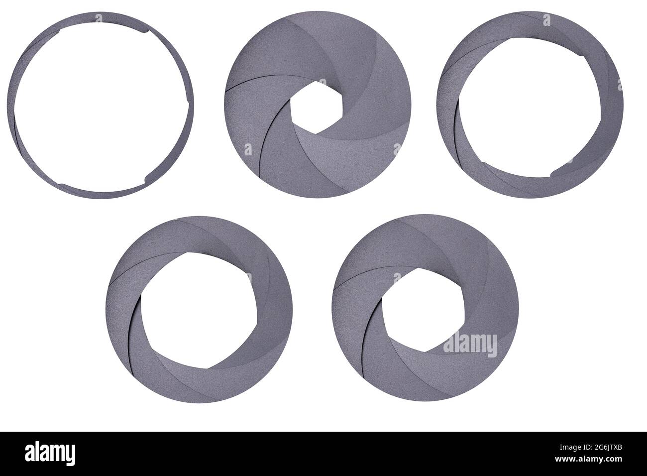Aperture blades used in a camera lens. Different value of the aperture opening in the optical system. Isolated background. Stock Photo