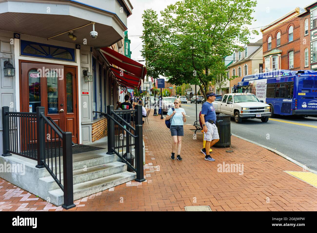 Gettysburg, PA, USA - July 4, 2021: A view of the downtown area in the historic town of Gettysburg with visitors. Stock Photo