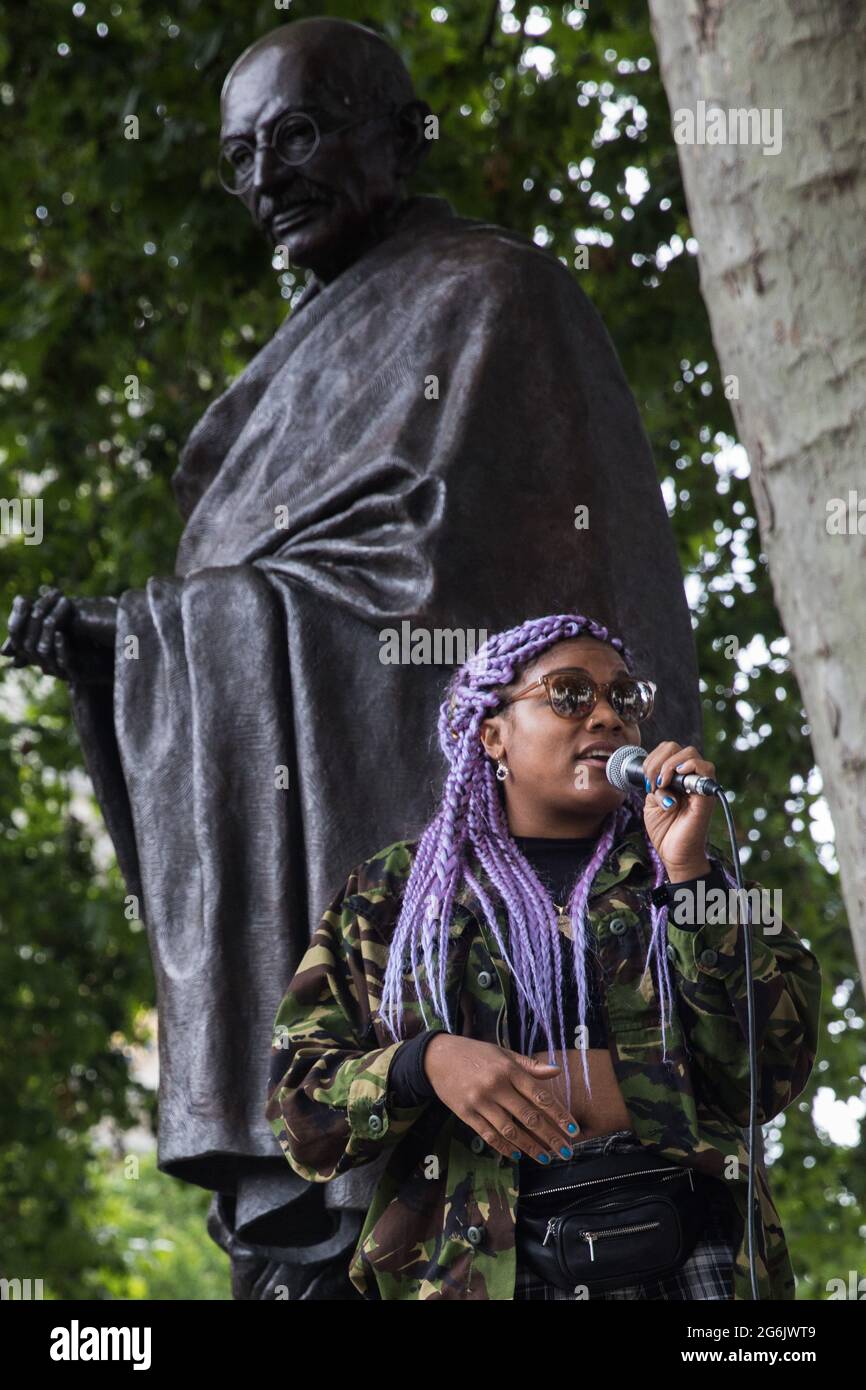 London, UK. 5th July, 2021. Chantelle Lunt, founder of Merseyside BLM Alliance, addresses a Kill The Bill protest in Parliament Square against the Police, Crime, Sentencing and Courts (PCSC) Bill 2021 as MPs consider amendments to the Bill in the House of Commons. The PCSC Bill would grant the police a range of new discretionary powers to shut down protests. Credit: Mark Kerrison/Alamy Live News Stock Photo