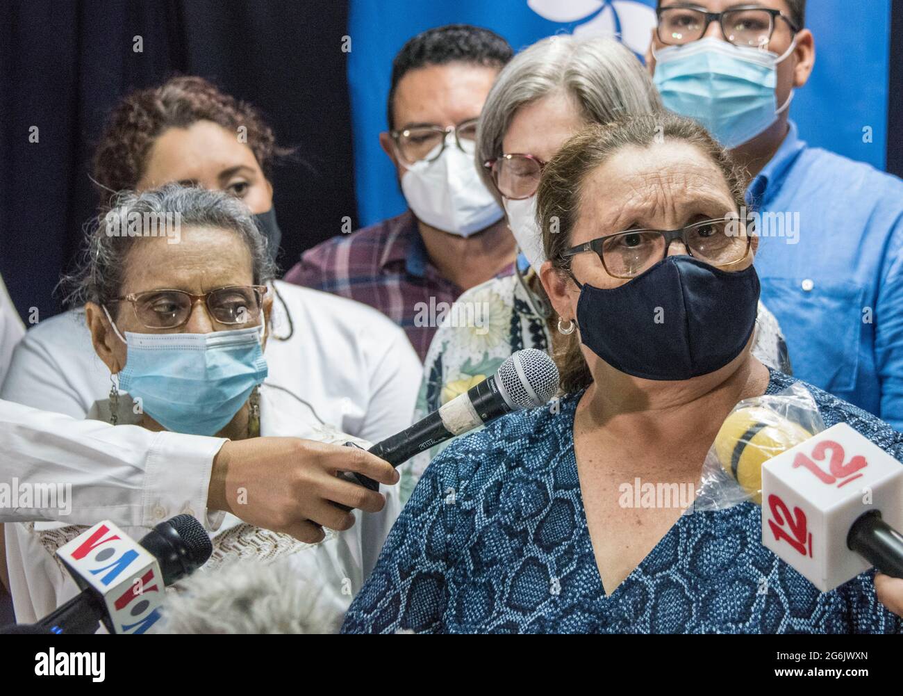 Caracas, Nicaragua. 06th July, 2021. Lesbia Alfaro Silva, mother of imprisoned student leader Lesther Aleman and member of the Uni Alliance of Nicaragua (AUN), attends a press conference following new arrests by Ortega's government. Her son and land rights activist Mairena were reportedly arrested. Credit: Str/dpa/Alamy Live News Stock Photo