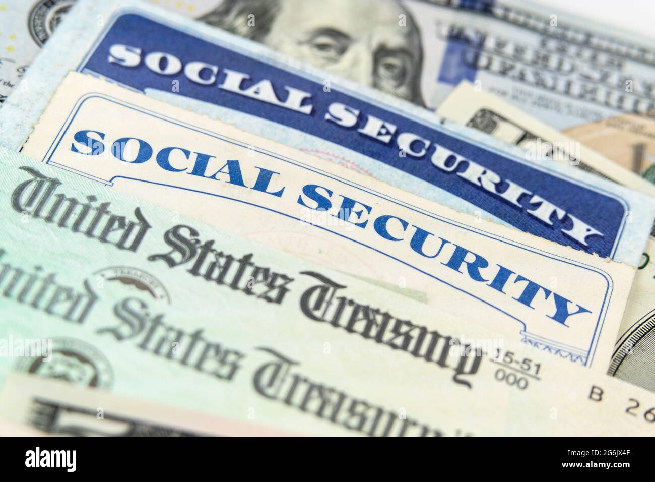 Close up view of Social Security cards and United States Treasury checks Stock Photo
