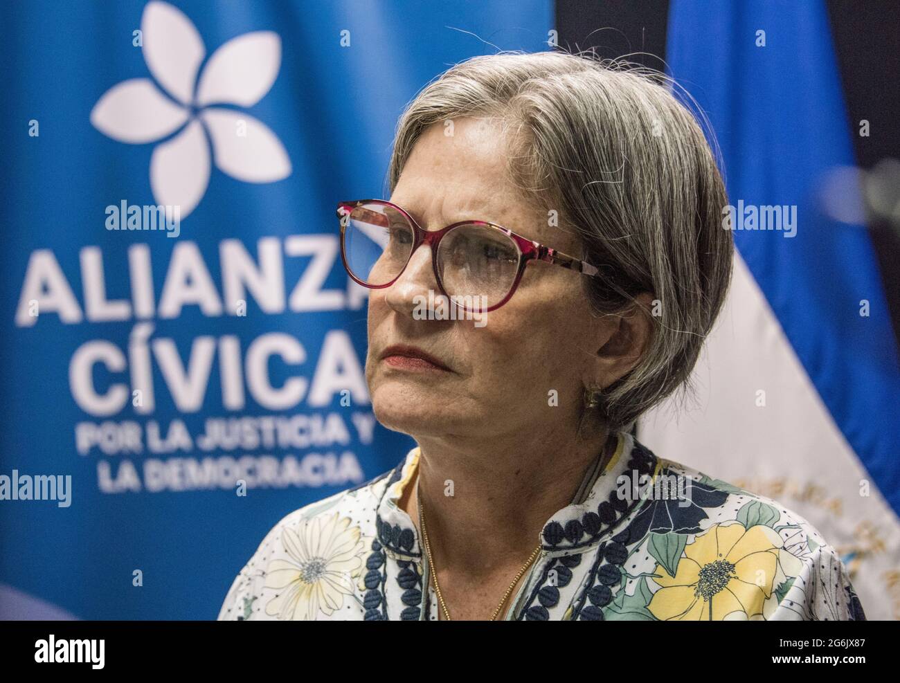Caracas, Nicaragua. 06th July, 2021. Kitty Monterrey, leader of the 'Ciudadanos por la Libertad' (Citizens for Freedom, CXL) party, attends a press conference following further arrests of opposition figures. Credit: Str/dpa/Alamy Live News Stock Photo