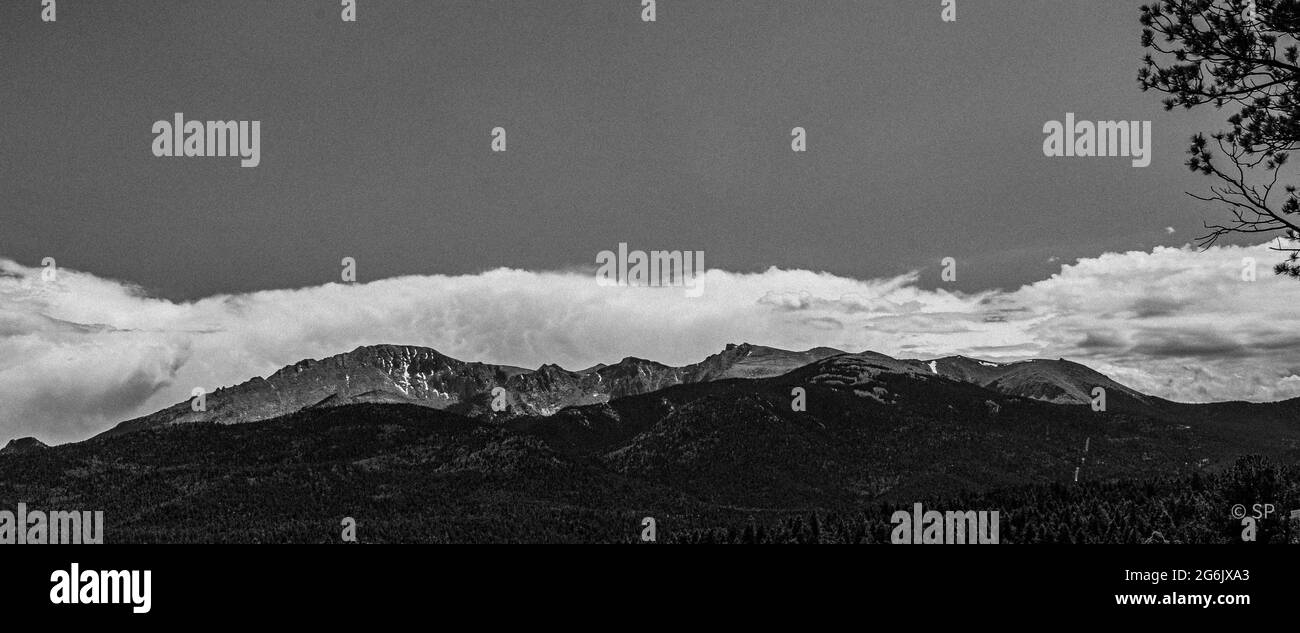 Distant black and white of peaceful Pike's Peak Stock Photo