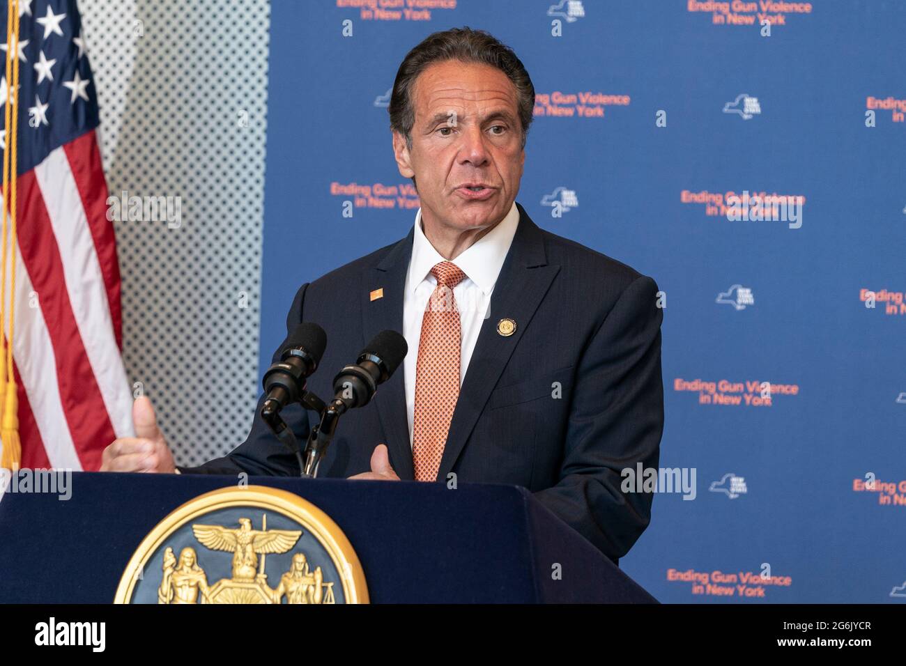 Governor Andrew Cuomo makes an announcement regarding gun violence in the state at John Jay College of Criminal Justice in New York on July 6, 2021. Governor declared Disaster Emergency in order to tackled gun violence across the state. He announced the program to create well paying jobs, education, sport programs with investment by state by $138, 7 million. He was joined by anti-gun activists, clergy and union leaders who will help to implement this program. He also signed legislation Hold Gun Manufacturers Liable for Their Products Creating a Public Nuisance and closing loophole allowing peo Stock Photo