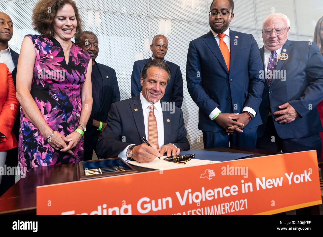 Governor Andrew Cuomo makes an announcement regarding gun violence in the state at John Jay College of Criminal Justice in New York on July 6, 2021. Governor declared Disaster Emergency in order to tackled gun violence across the state. He announced the program to create well paying jobs, education, sport programs with investment by state by $138, 7 million. He was joined by anti-gun activists, clergy and union leaders who will help to implement this program. He also signed legislation Hold Gun Manufacturers Liable for Their Products Creating a Public Nuisance and closing loophole allowing peo Stock Photo
