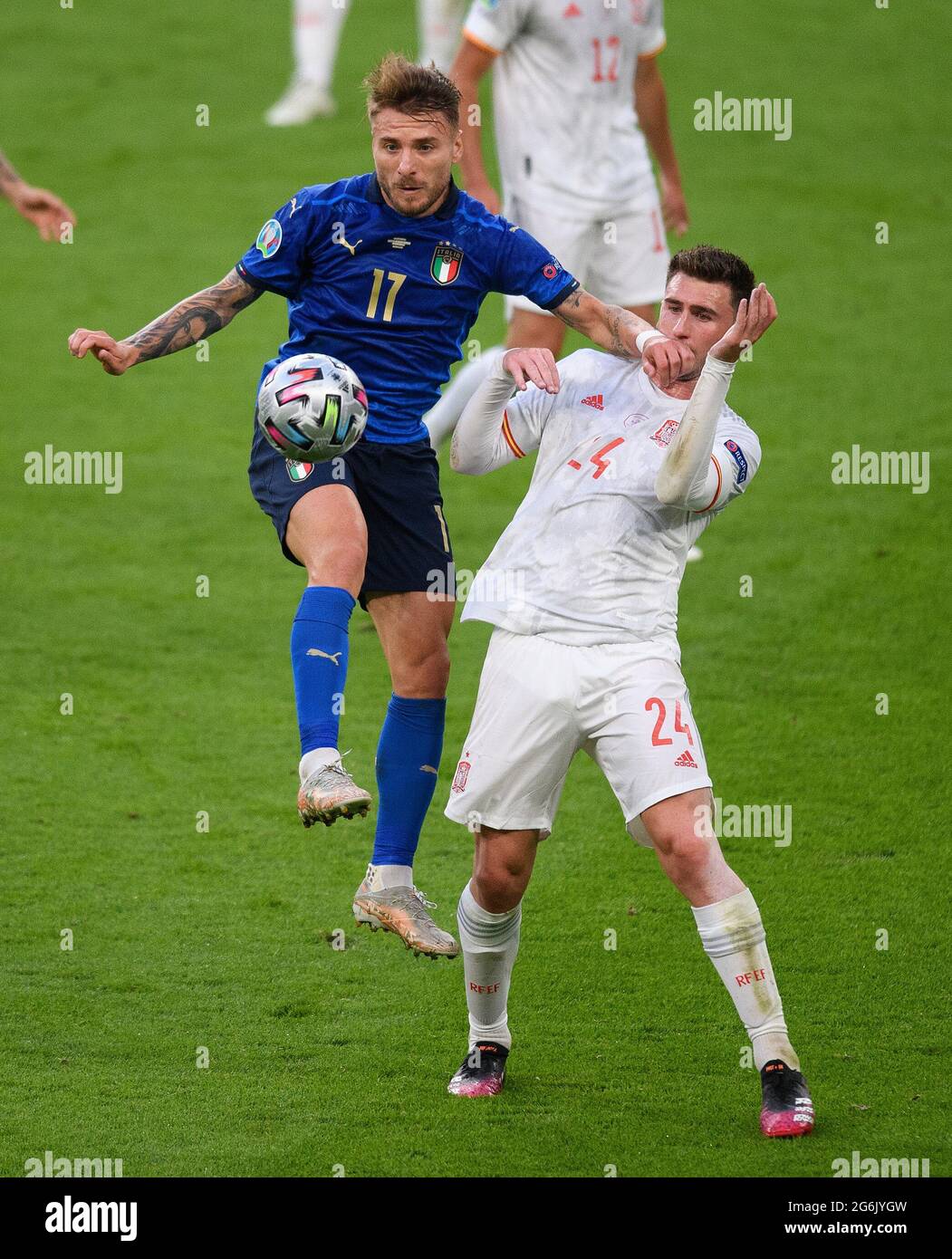 07 July 2021 - Italy v Spain - UEFA Euro 2020 Semi-Final - Wembley - London  Italy's Italy's Ciro Immobile battles with Aymeric Laporte Picture Credit : © Mark Pain / Alamy Live News Stock Photo