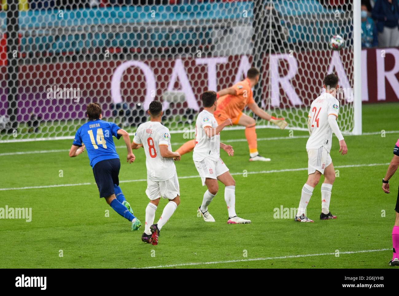 07 July 2021 - Italy v Spain - UEFA Euro 2020 Semi-Final - Wembley - London  Italy's Federico Chiesa shoots and scores the opening goal Picture Credit : © Mark Pain / Alamy Live News Stock Photo
