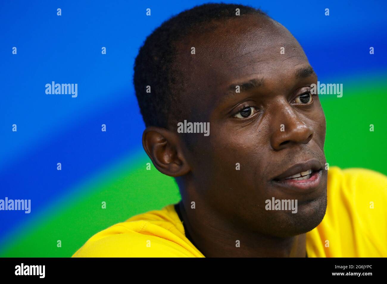 Usain Bolt of Jamaica portrait at Rio 2016 Olympic Games. Jamaican sprinter wins gold medal 100m sprint race final track and field Stock Photo