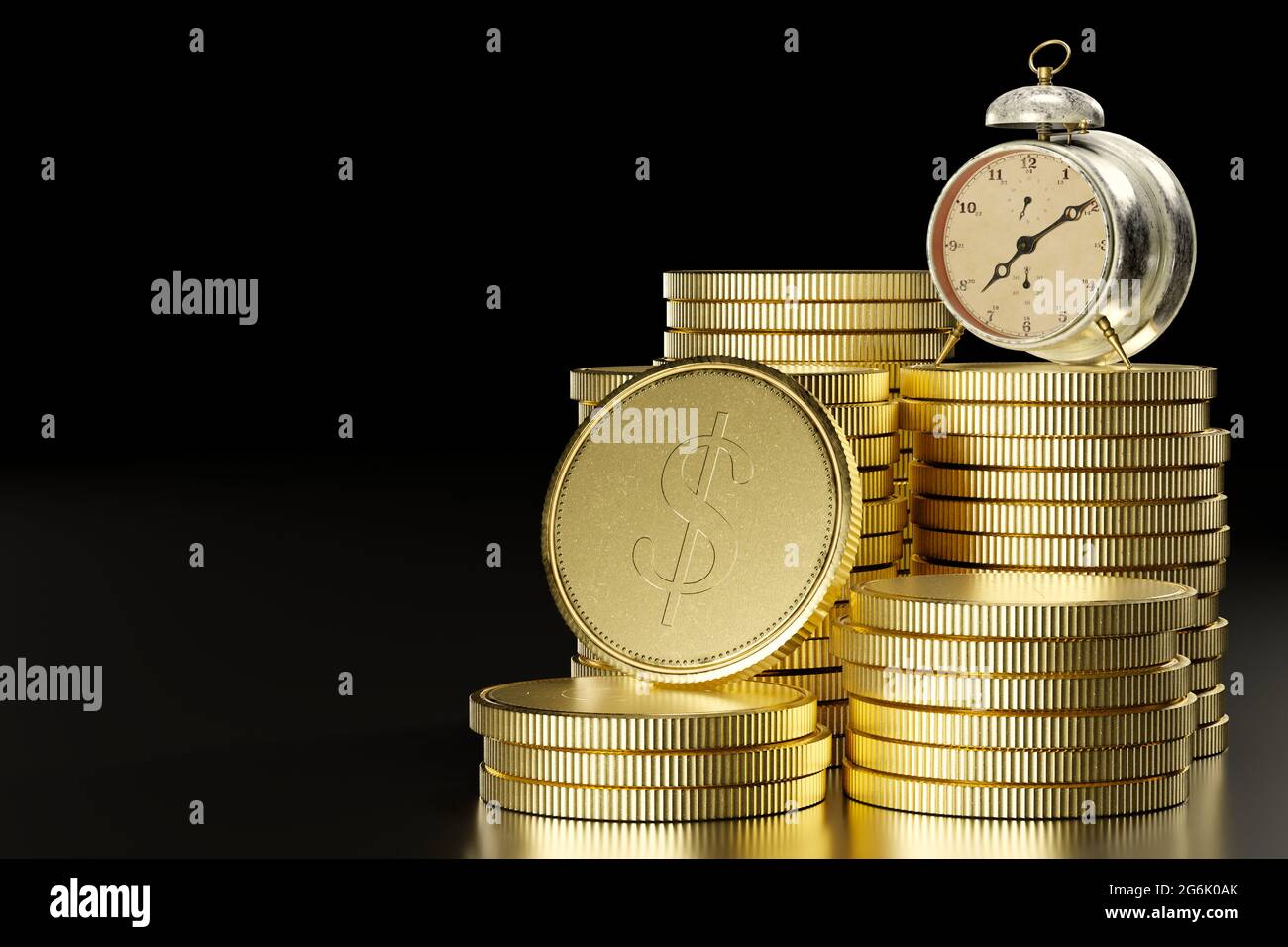 Vintage alarm table clock on a stack of coins in dark black background The concept of the importance of time and business or the idea that time is val Stock Photo