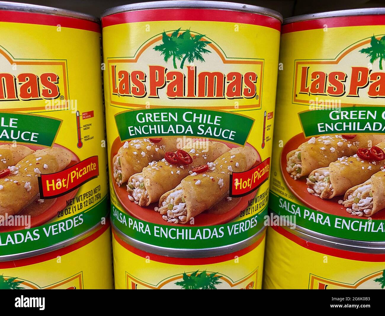 Las Palmas green chili enchilada sauce cans on store shelf Stock Photo