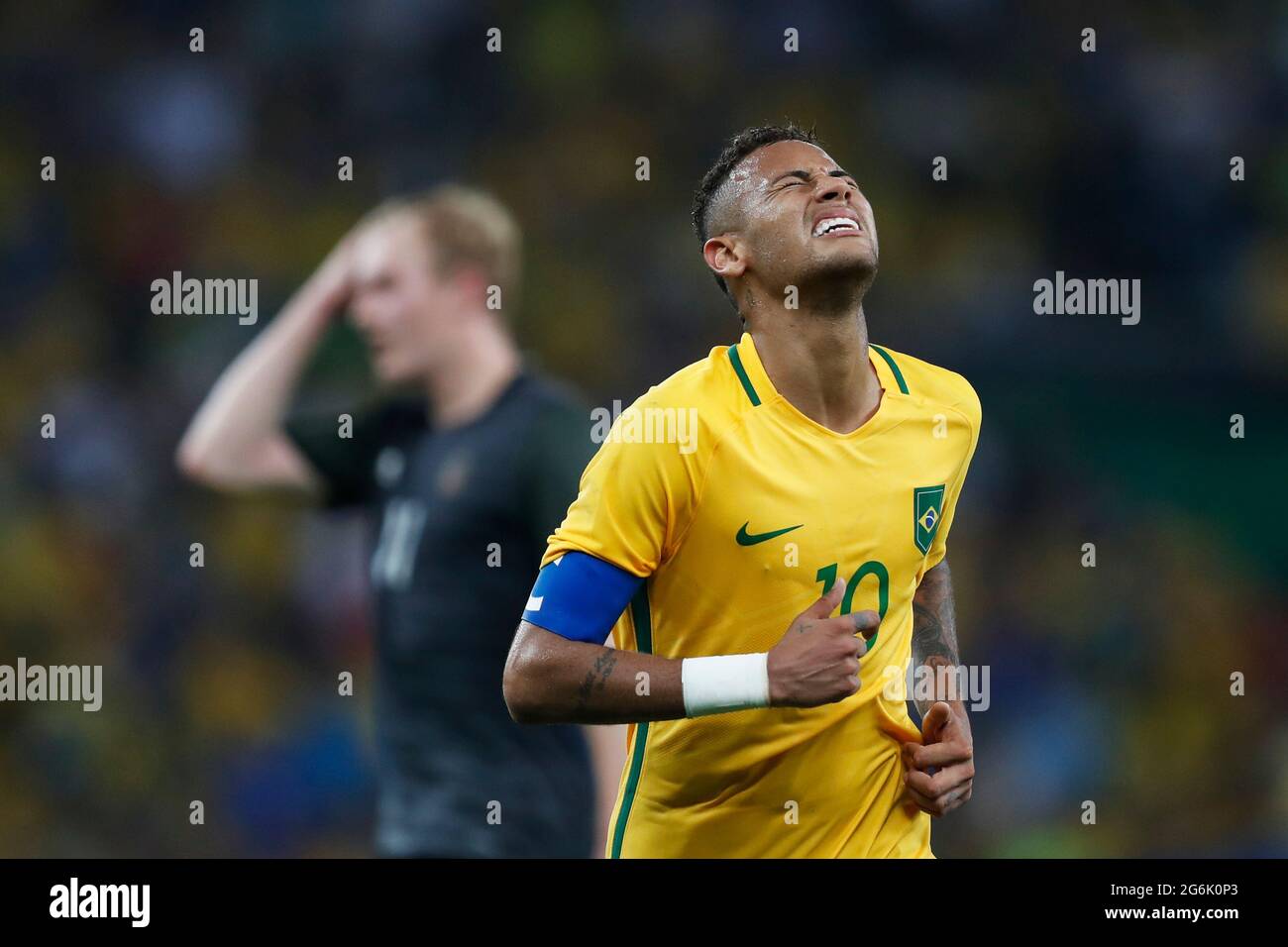 Neymar Jr brazilian soccer player superstar at Maracana Stadium. National team forward at final gold medal match at Rio 2016 Olympic Games Stock Photo