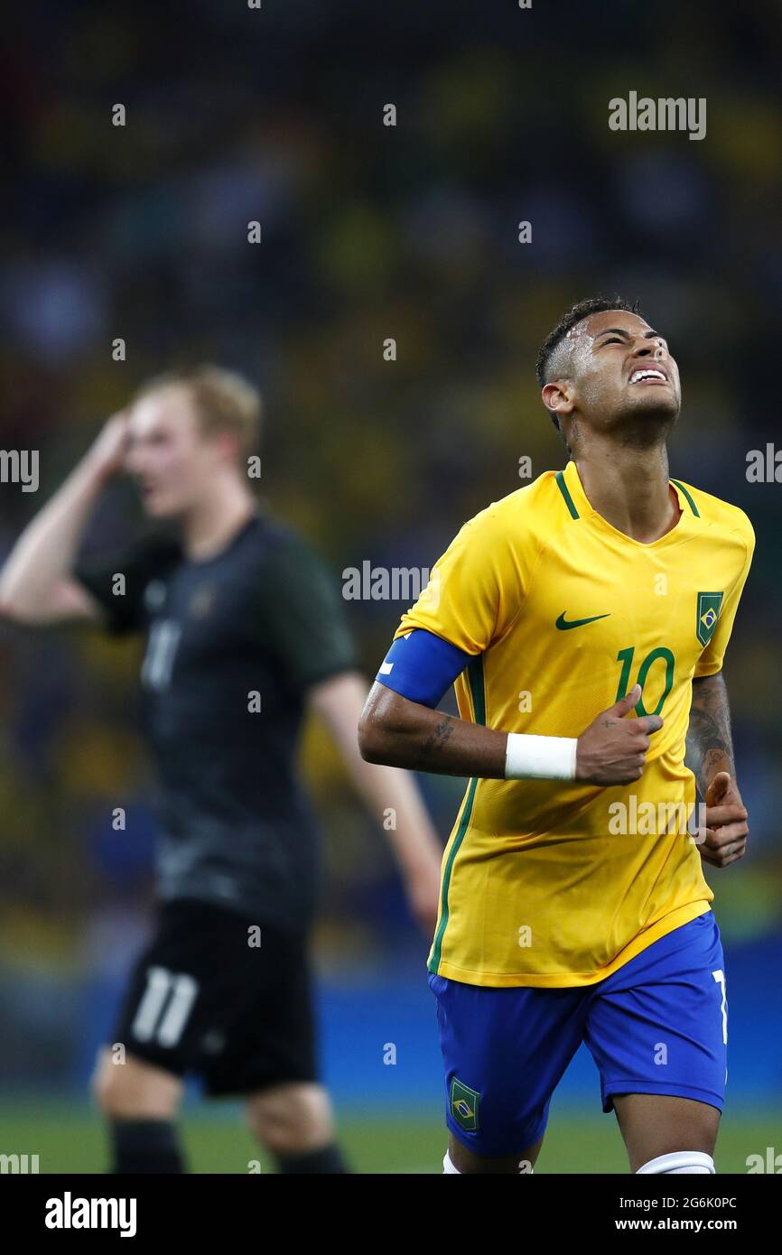 Neymar Jr brazilian soccer player superstar at Maracana Stadium. National team forward at final gold medal match at Rio 2016 Olympic Games Stock Photo