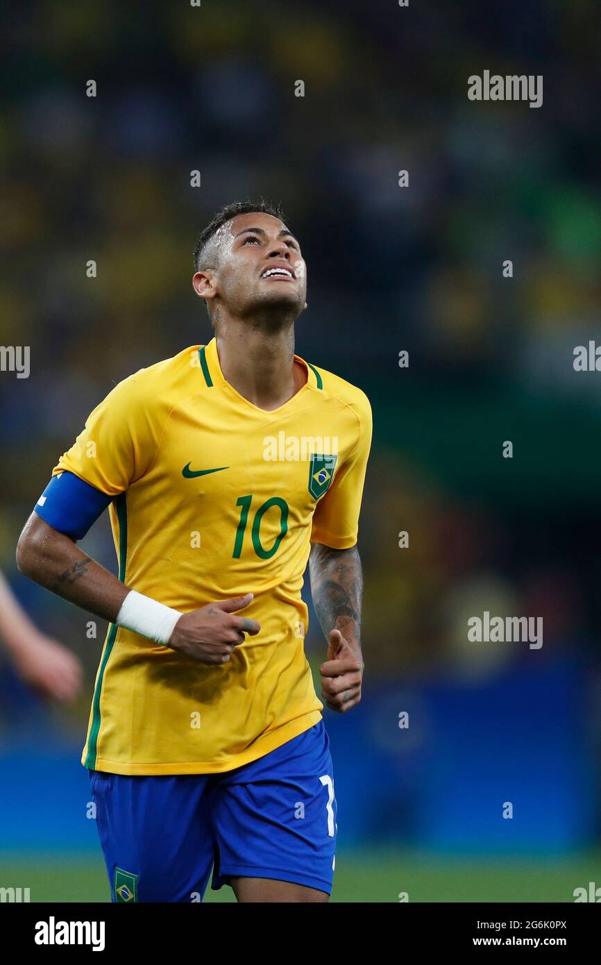Neymar Jr brazilian soccer player superstar at Maracana Stadium. National team forward at final gold medal match at Rio 2016 Olympic Games Stock Photo