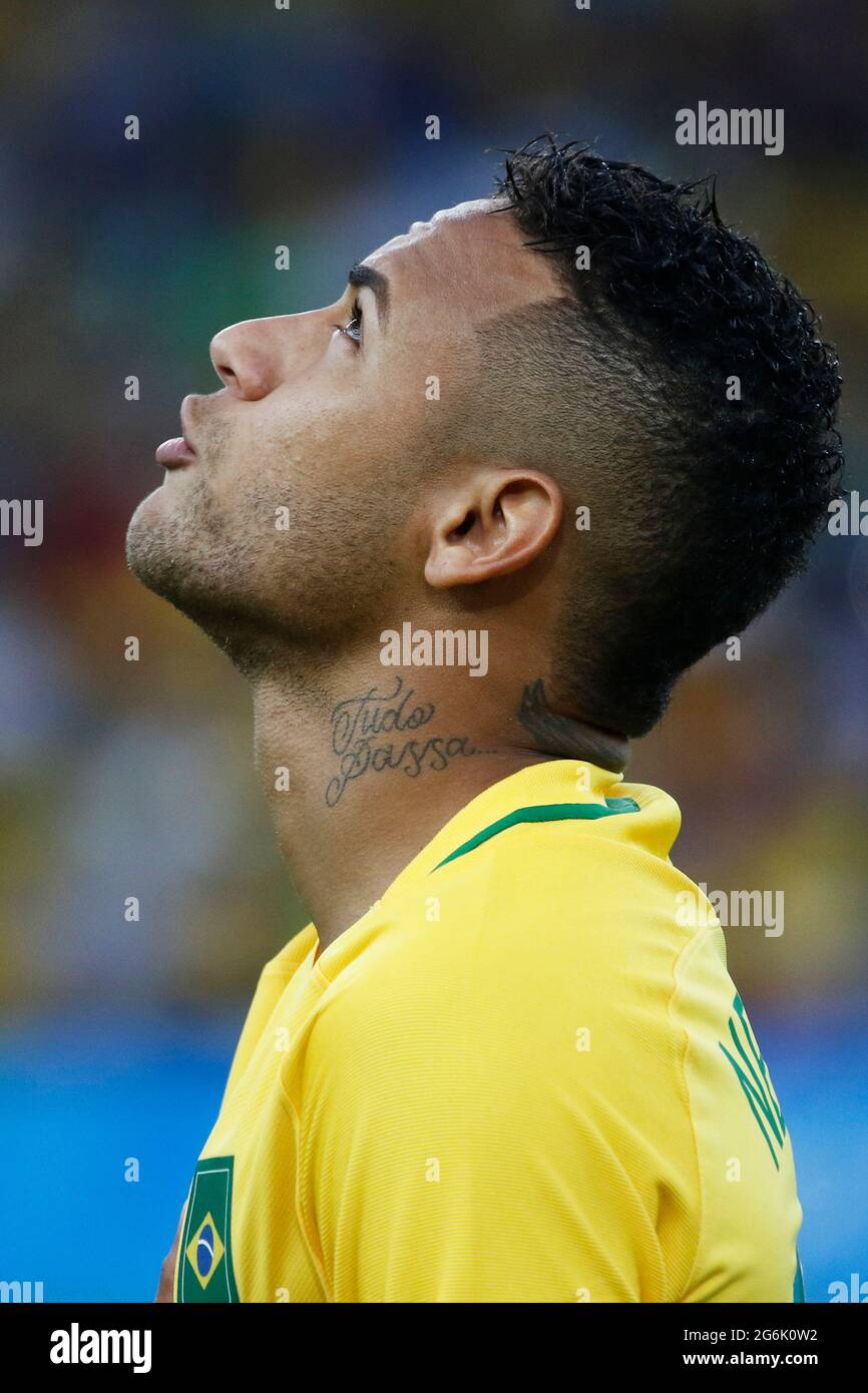 Neymar Jr brazilian soccer player superstar at Maracana Stadium. National team forward at final gold medal match at Rio 2016 Olympic Games Stock Photo