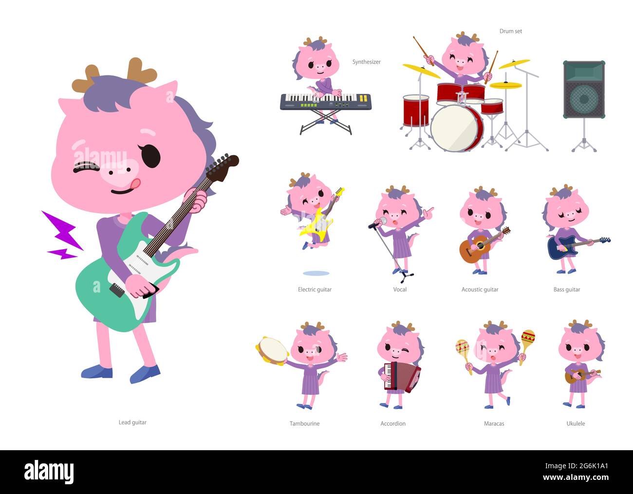 A set of Dragon girl playing rock 'n' roll and pop music.It's vector art so it's easy to edit. Stock Vector