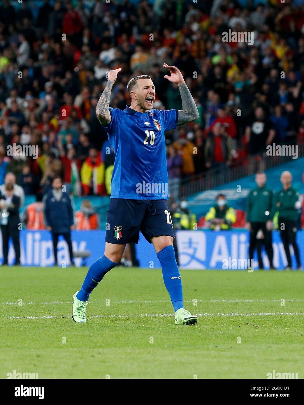 London, Britain. 6th July, 2021. Federico Bernardeschi of Italy celebrates  after scoring during the penalty shootout of the semifinal between Italy  and Spain at the UEFA EURO 2020 in London, Britain, on