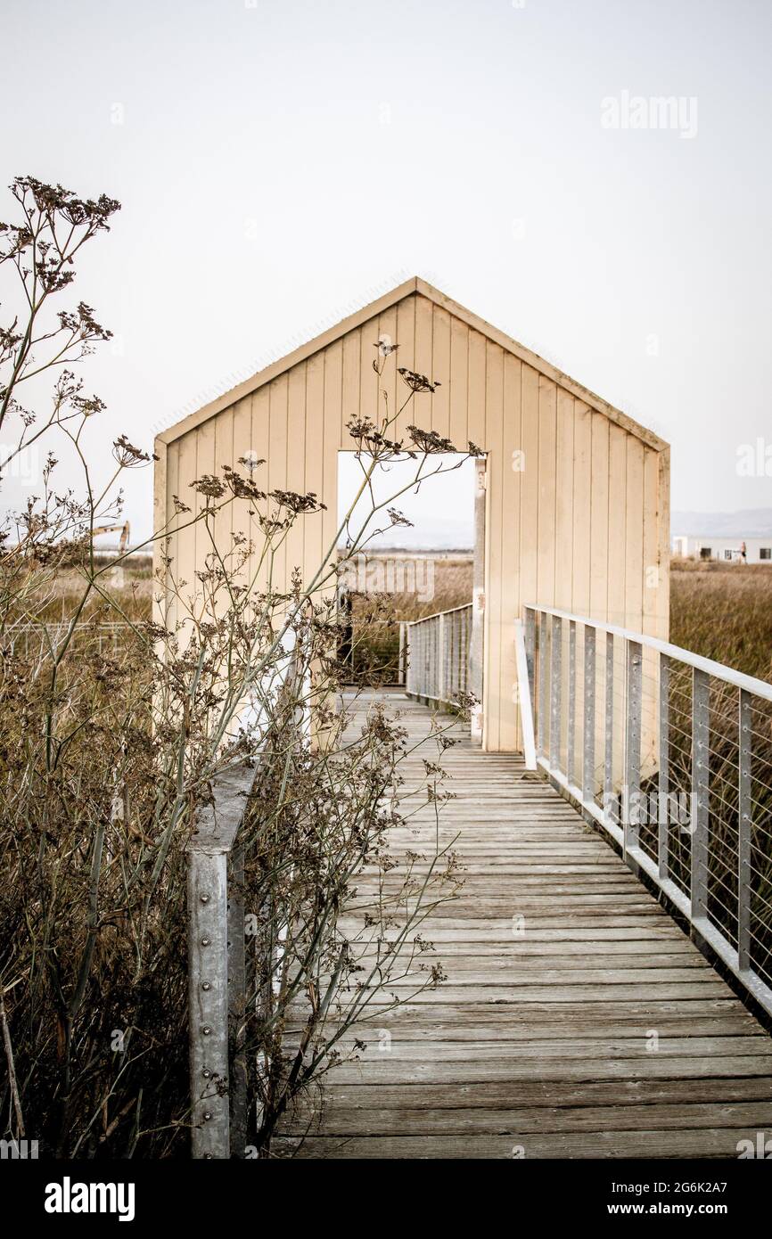 Wooden boardwalk extending into wetlands on the edge of San Francisco Bay. Open gate structure popular for Instagram poses. Stock Photo