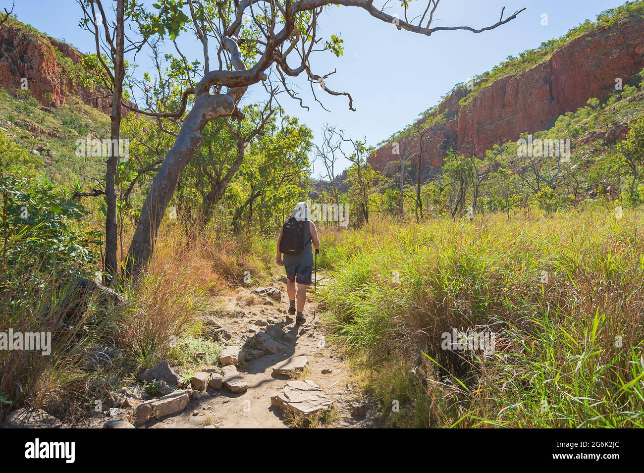 Hiker on the walking trail at popular Emma El Questro, Gibb