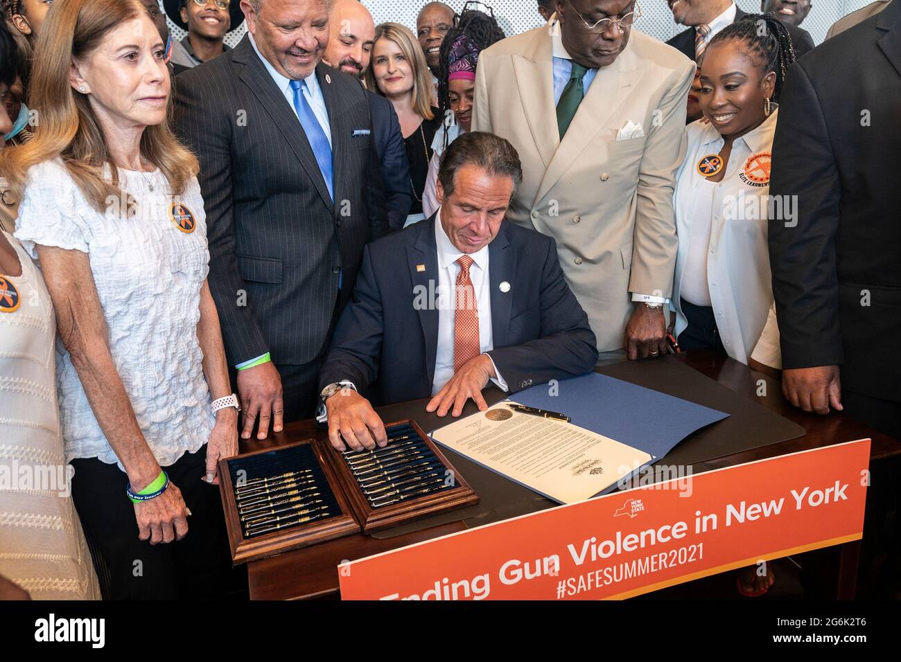 Governor Andrew Cuomo makes an announcement regarding gun violence in the state at John Jay College of Criminal Justice. Governor declared Disaster Emergency in order to tackled gun violence across the state. He announced the program to create well paying jobs, education, sport programs with investment by state by $138, 7 million. He was joined by anti-gun activists, clergy and union leaders who will help to implement this program. He also signed legislation Hold Gun Manufacturers Liable for Their Products Creating a Public Nuisance and closing loophole allowing people with Outstanding Warrant Stock Photo