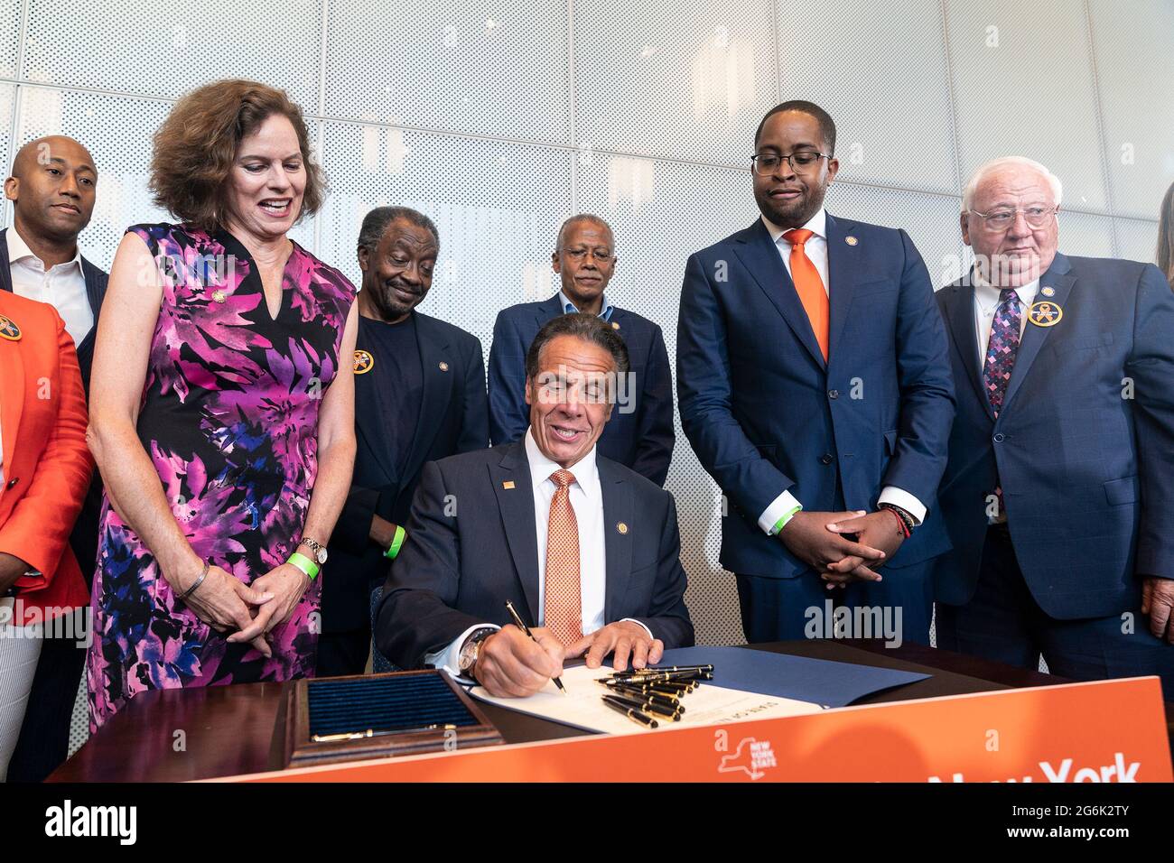 Governor Andrew Cuomo makes an announcement regarding gun violence in the state at John Jay College of Criminal Justice. Governor declared Disaster Emergency in order to tackled gun violence across the state. He announced the program to create well paying jobs, education, sport programs with investment by state by $138, 7 million. He was joined by anti-gun activists, clergy and union leaders who will help to implement this program. He also signed legislation Hold Gun Manufacturers Liable for Their Products Creating a Public Nuisance and closing loophole allowing people with Outstanding Warrant Stock Photo