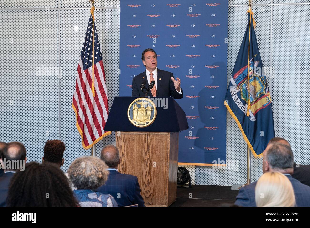 Governor Andrew Cuomo makes an announcement regarding gun violence in the state at John Jay College of Criminal Justice. Governor declared Disaster Emergency in order to tackled gun violence across the state. He announced the program to create well paying jobs, education, sport programs with investment by state by $138, 7 million. He was joined by anti-gun activists, clergy and union leaders who will help to implement this program. He also signed legislation Hold Gun Manufacturers Liable for Their Products Creating a Public Nuisance and closing loophole allowing people with Outstanding Warrant Stock Photo