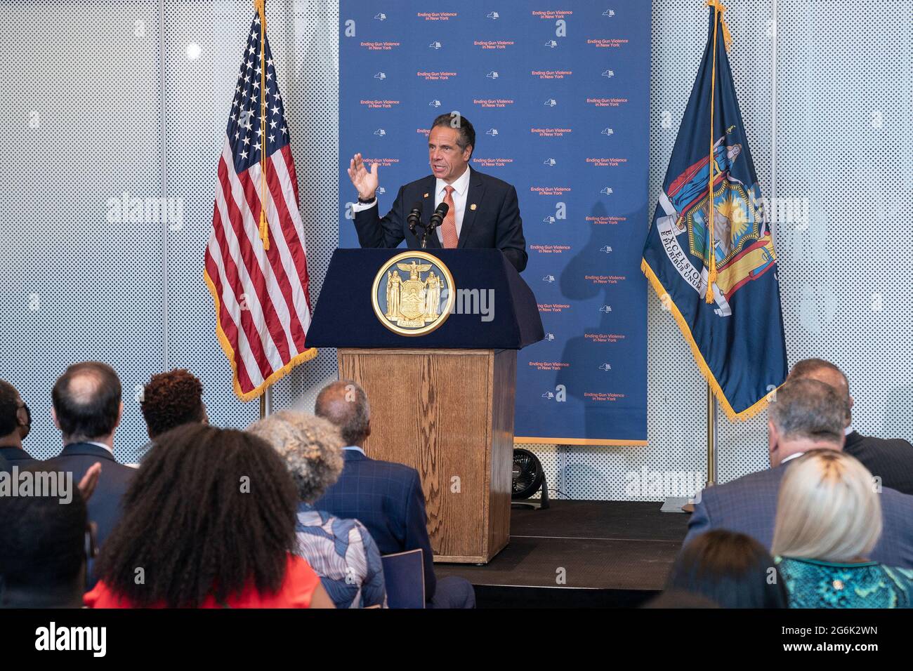 Governor Andrew Cuomo makes an announcement regarding gun violence in the state at John Jay College of Criminal Justice. Governor declared Disaster Emergency in order to tackled gun violence across the state. He announced the program to create well paying jobs, education, sport programs with investment by state by $138, 7 million. He was joined by anti-gun activists, clergy and union leaders who will help to implement this program. He also signed legislation Hold Gun Manufacturers Liable for Their Products Creating a Public Nuisance and closing loophole allowing people with Outstanding Warrant Stock Photo