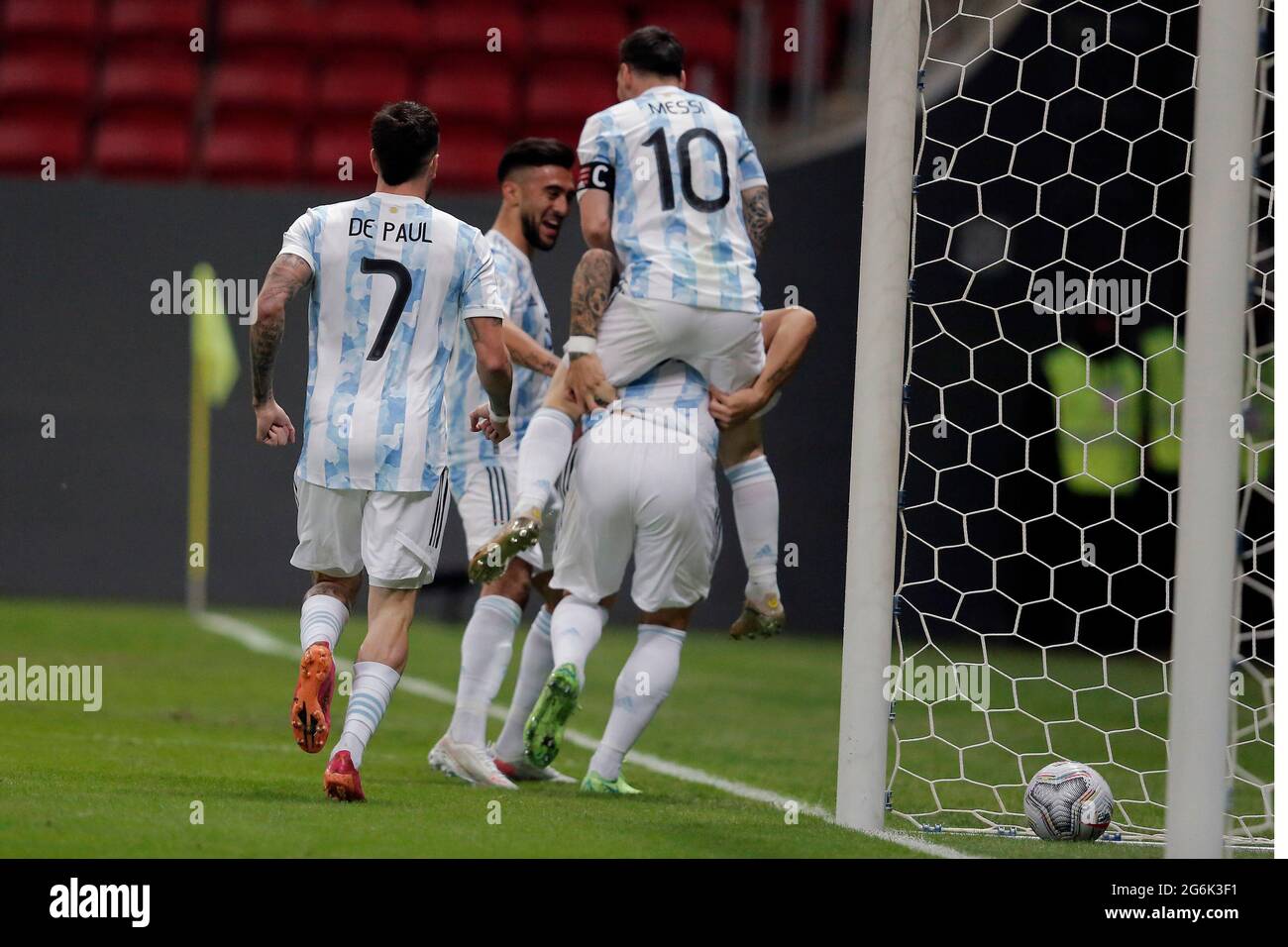 BRAZIL - 06.07.2021: ARGENTINA V COLOMBIA - Match between, Argentina x Colombia valid semi final match Copa America Brazil 2021, held at Estádio Nacional Mané Garricha, on Tuesday (6th). In the photo, Player Messi and Latauro Martinez celebrating Argentina's goal (Photo: Francisco Stuckert/Fotoarena) Stock Photo