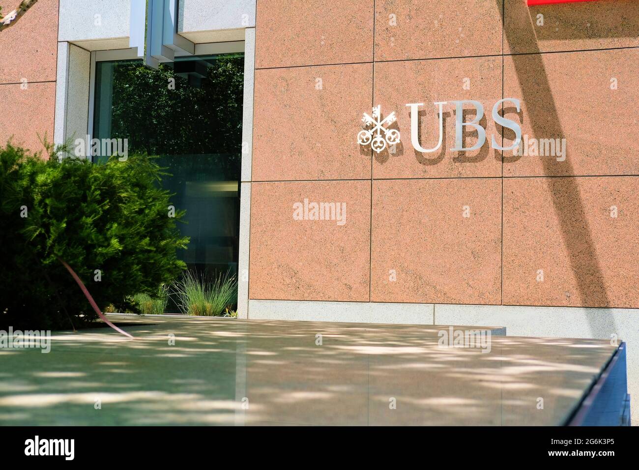 Sign at UBS Group office in downtown San Jose, California; Swiss multinational investment bank and financial services company founded in Switzerland. Stock Photo