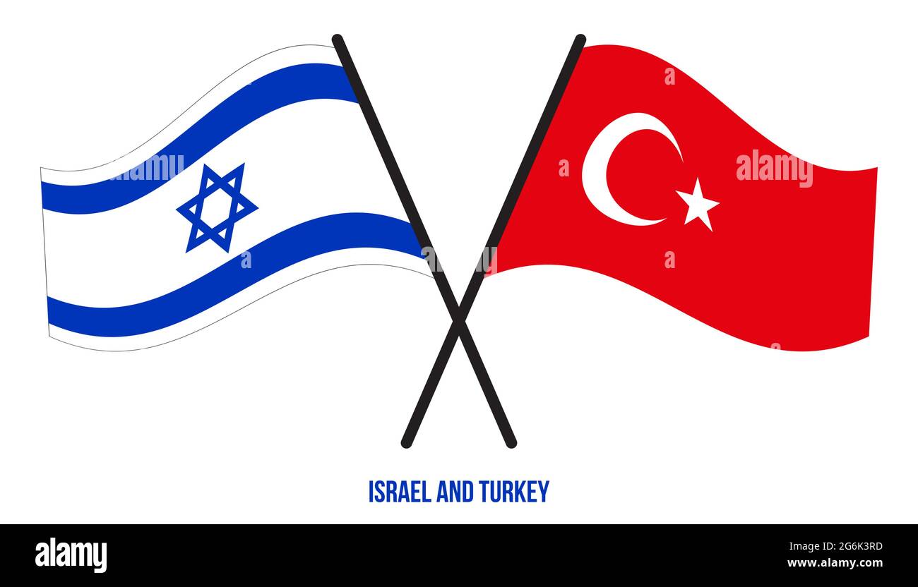 Israel and Turkey Flags Crossed And Waving Flat Style. Official Proportion. Correct Colors. Stock Vector
