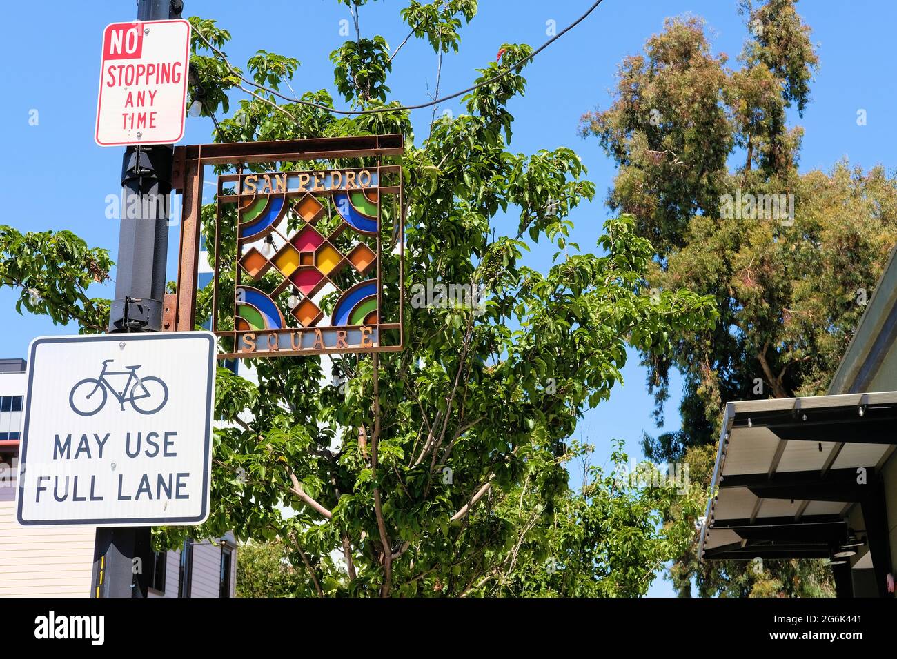 Stained glass street sign for San Pedro Square in downtown San Jose, California; a popular dining and entertainment destination in Silicon Valley. Stock Photo
